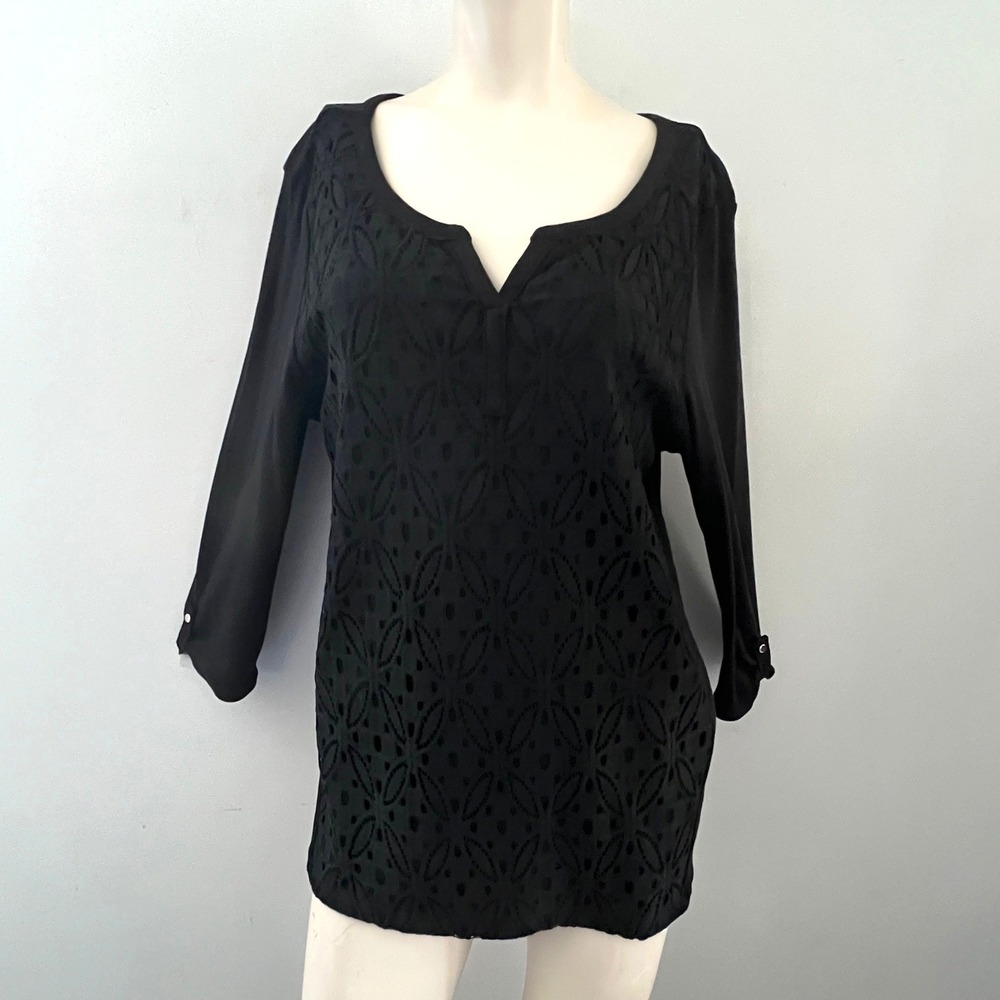 Rafaella Black Long Sleeve Textured Eyelet Top XL Pullover Blouse Gothic Stylish